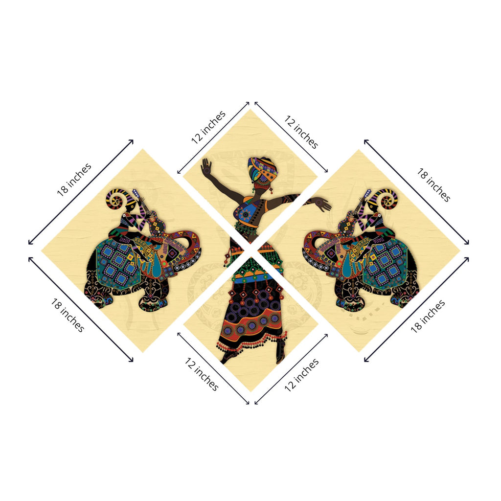 Set Of 4 Elephant Design Premium Canvas Painting Kafalo