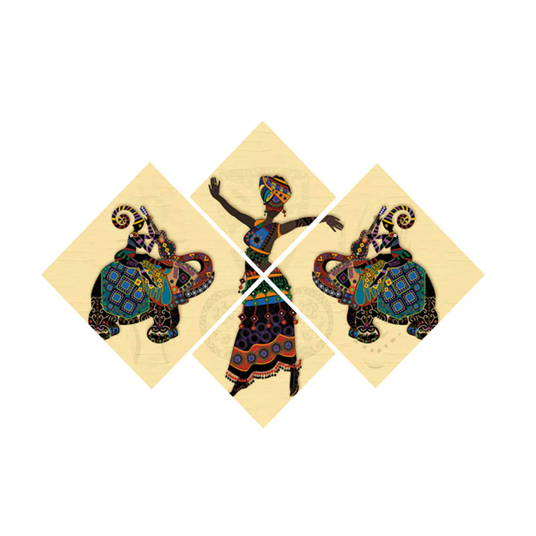 Set of 4 Elephant and Abstract Tribal Premium Canvas Painting Kafalo