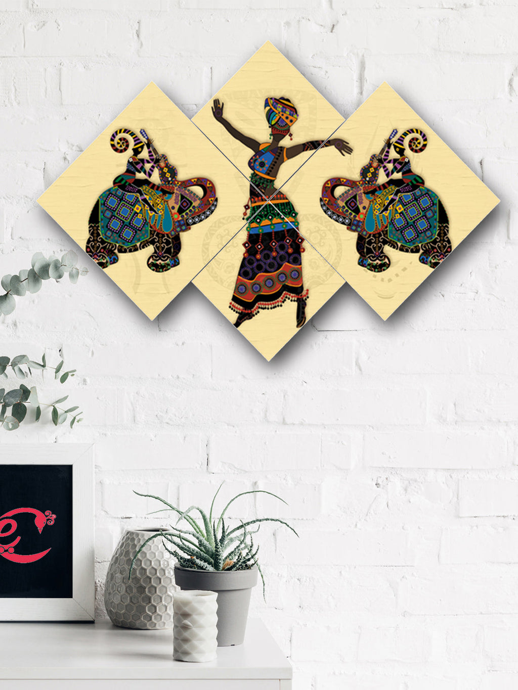 Set of 4 Elephant and Abstract Tribal Premium Canvas Painting Kafalo