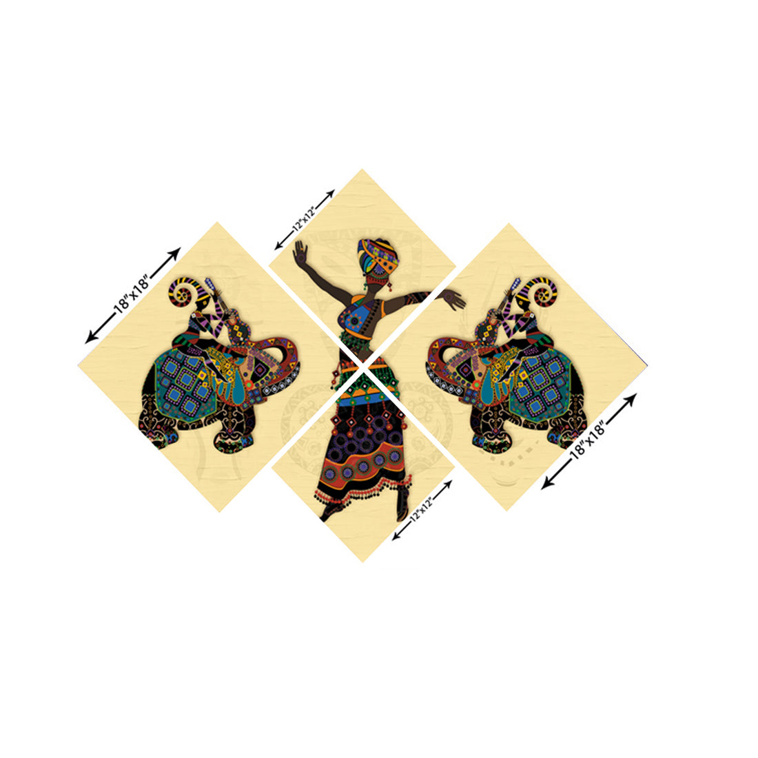 Set of 4 Elephant and Abstract Tribal Premium Canvas Painting Kafalo