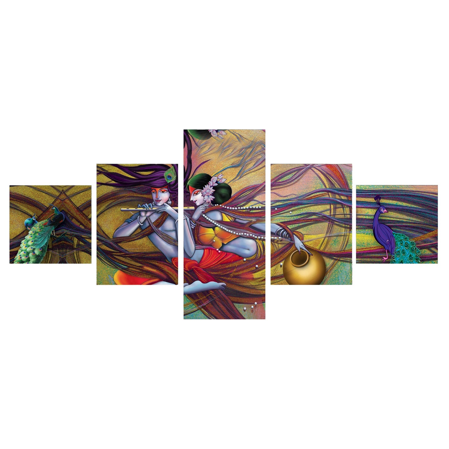 Set Of 5 Radha Krishna and Peacock Design Premium Canvas Painting Kafalo