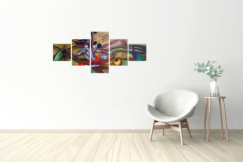 Set Of 5 Radha Krishna and Peacock Design Premium Canvas Painting Kafalo