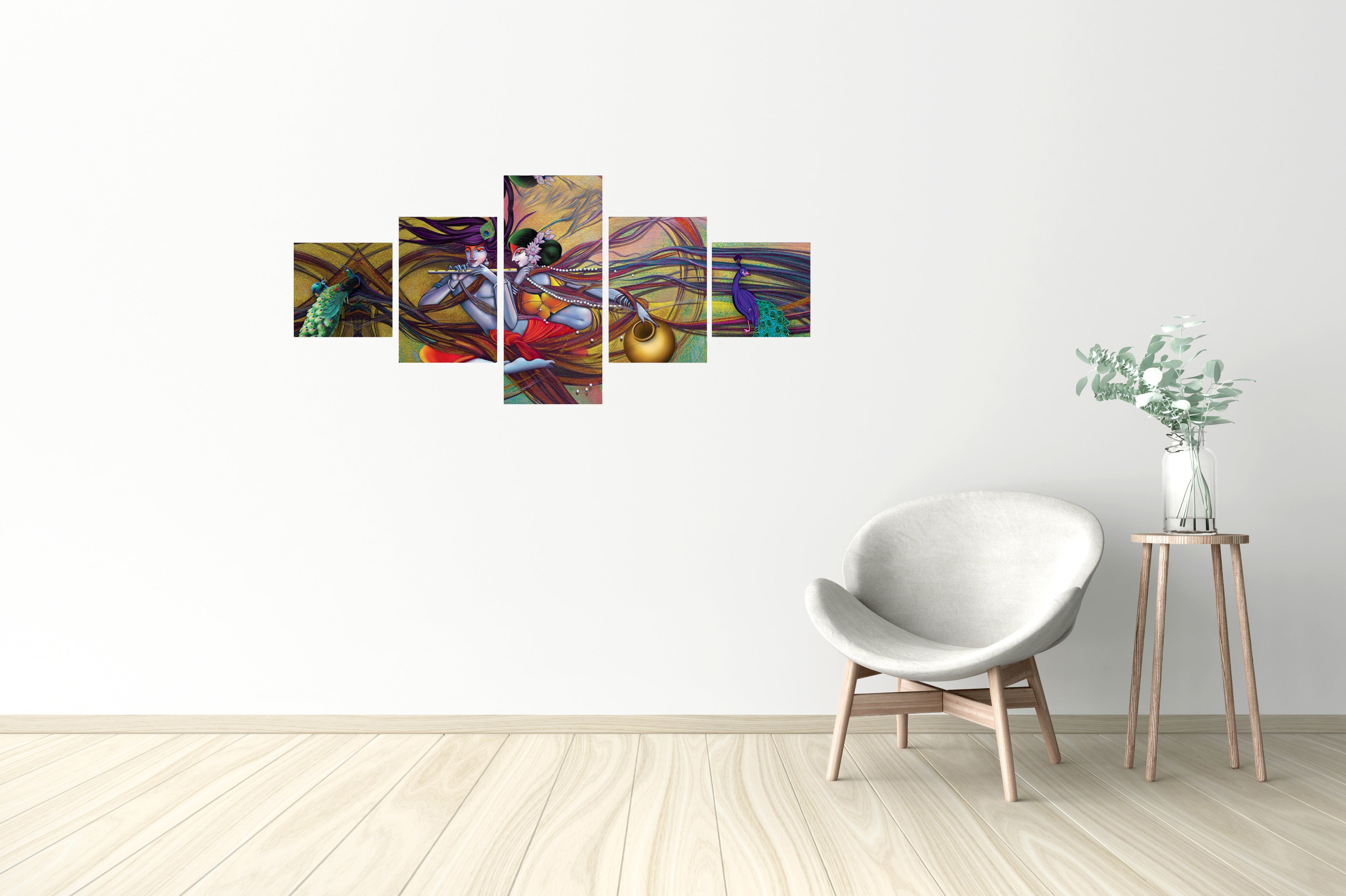 Set Of 5 Radha Krishna and Peacock Design Premium Canvas Painting Kafalo