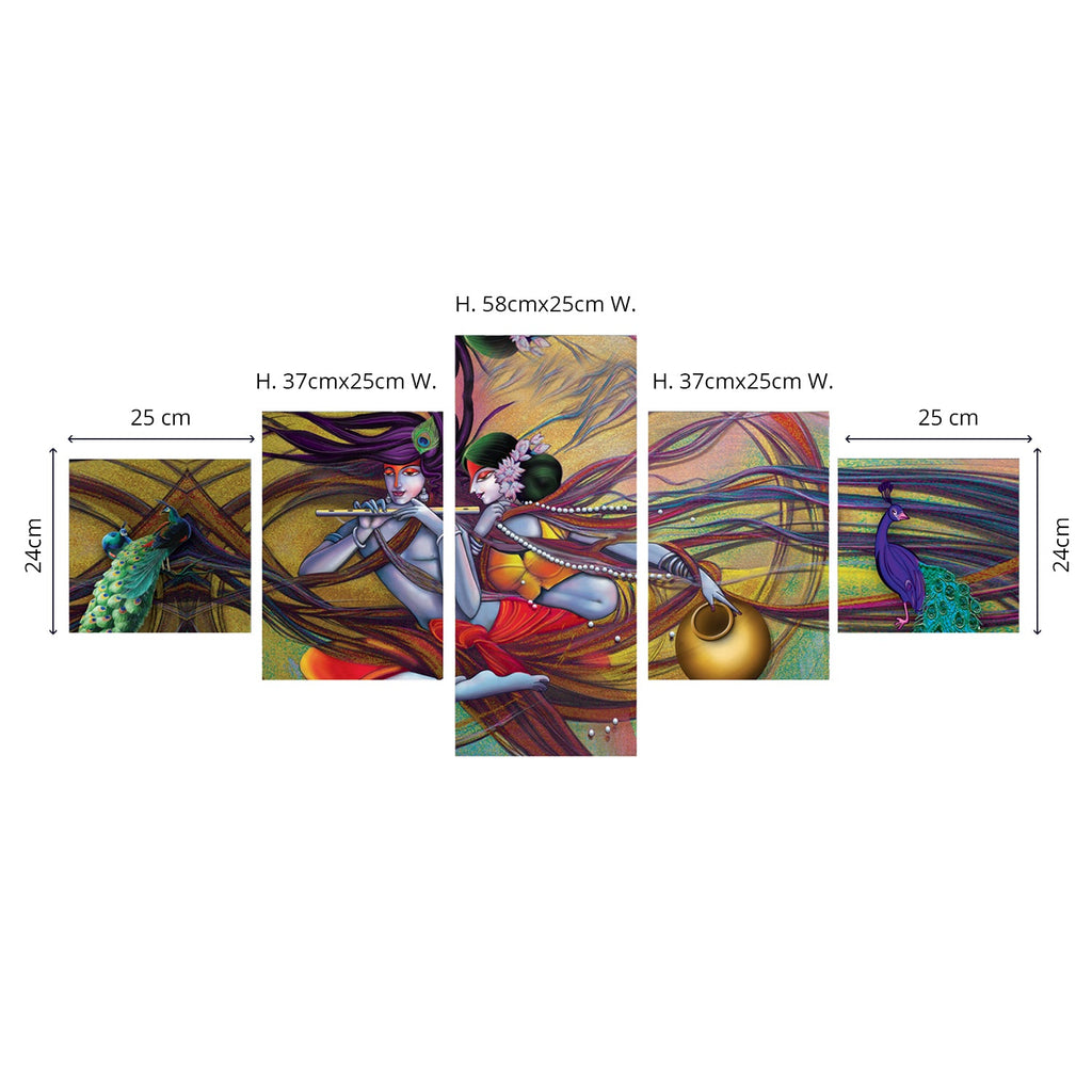 Set Of 5 Radha Krishna and Peacock Design Premium Canvas Painting Kafalo