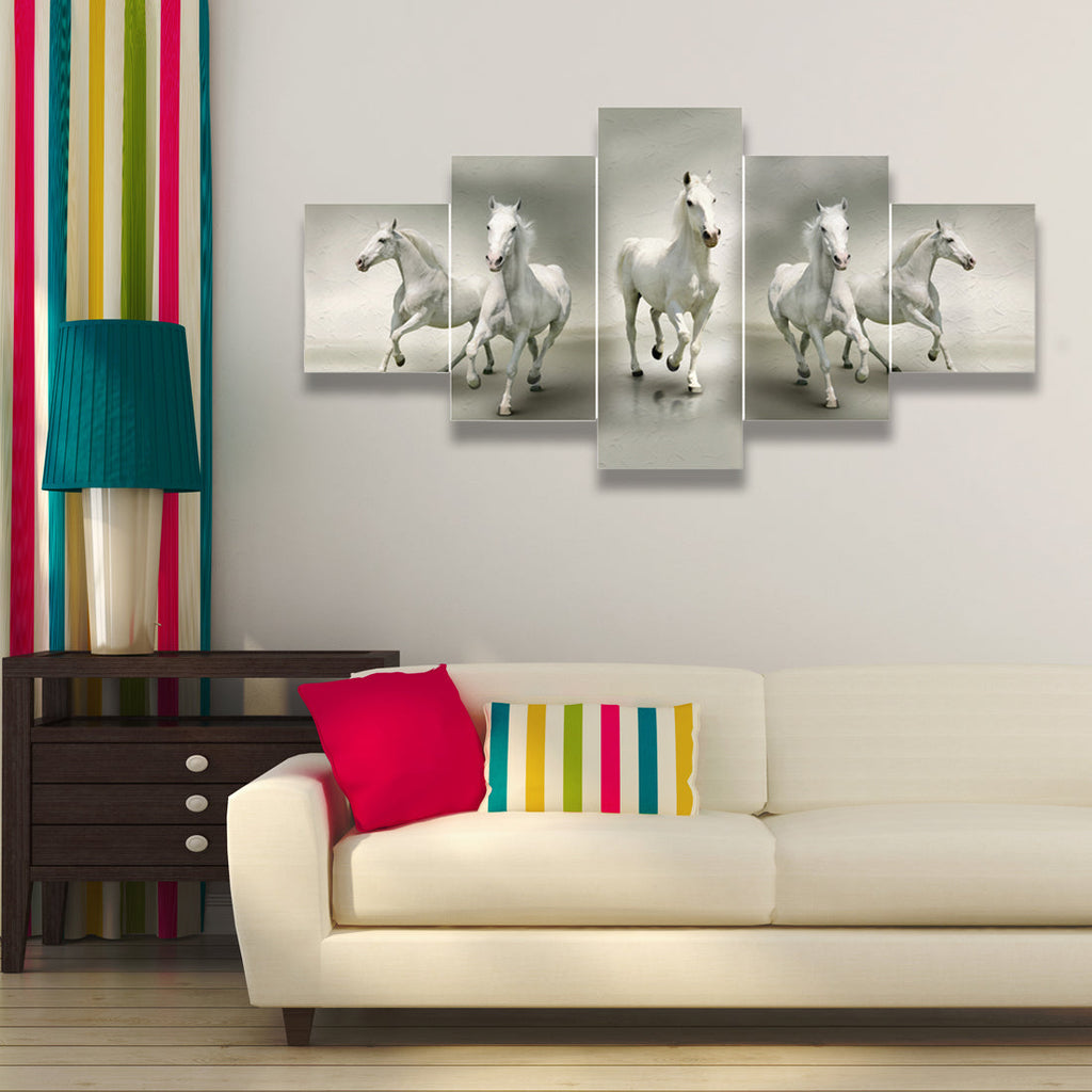 Set of 5 Running Lucky Horses Design Premium Canvas Painting Kafalo