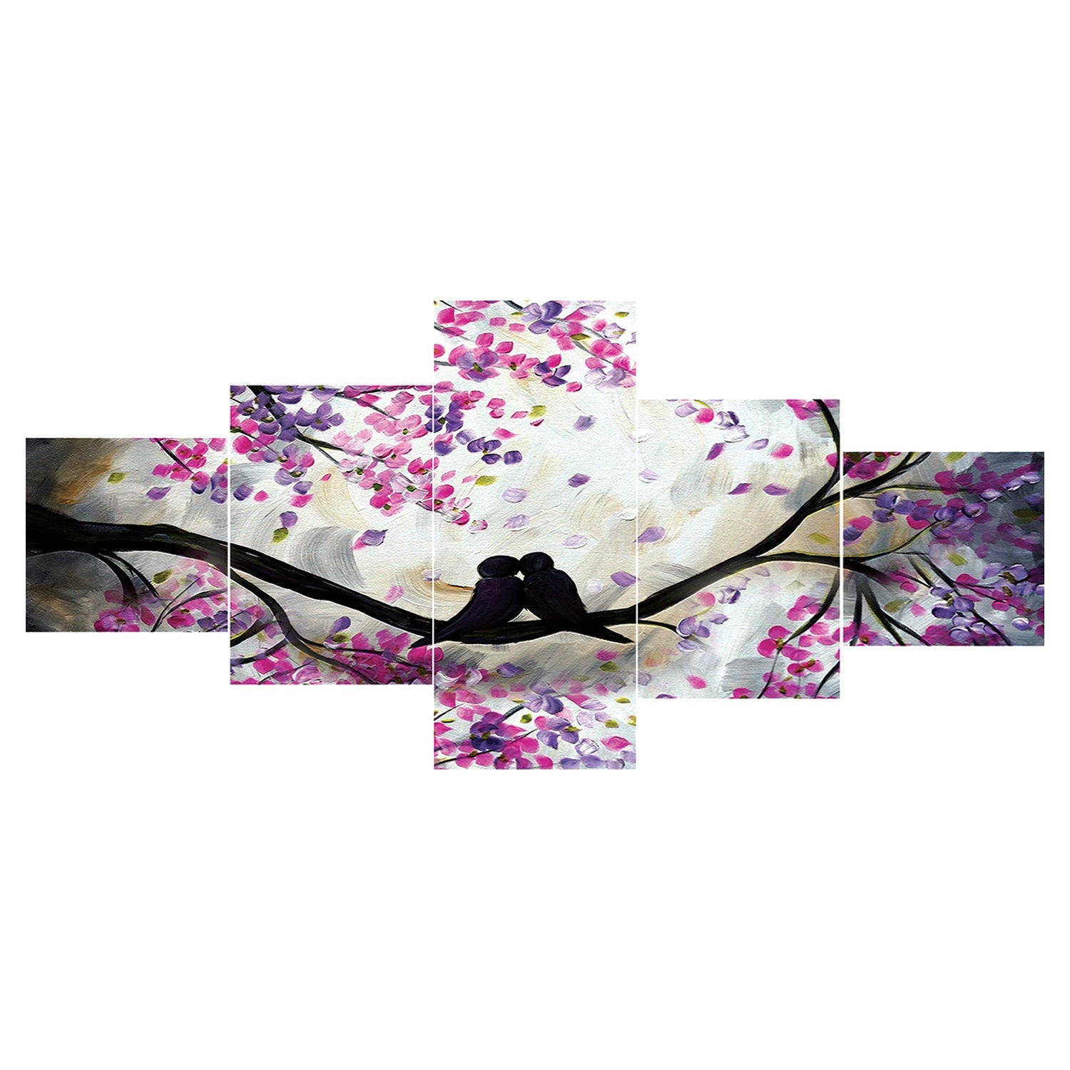 Set of 5 Kissing Love Birds on Tree Branch Premium Sunboard Panels Painting Kafalo