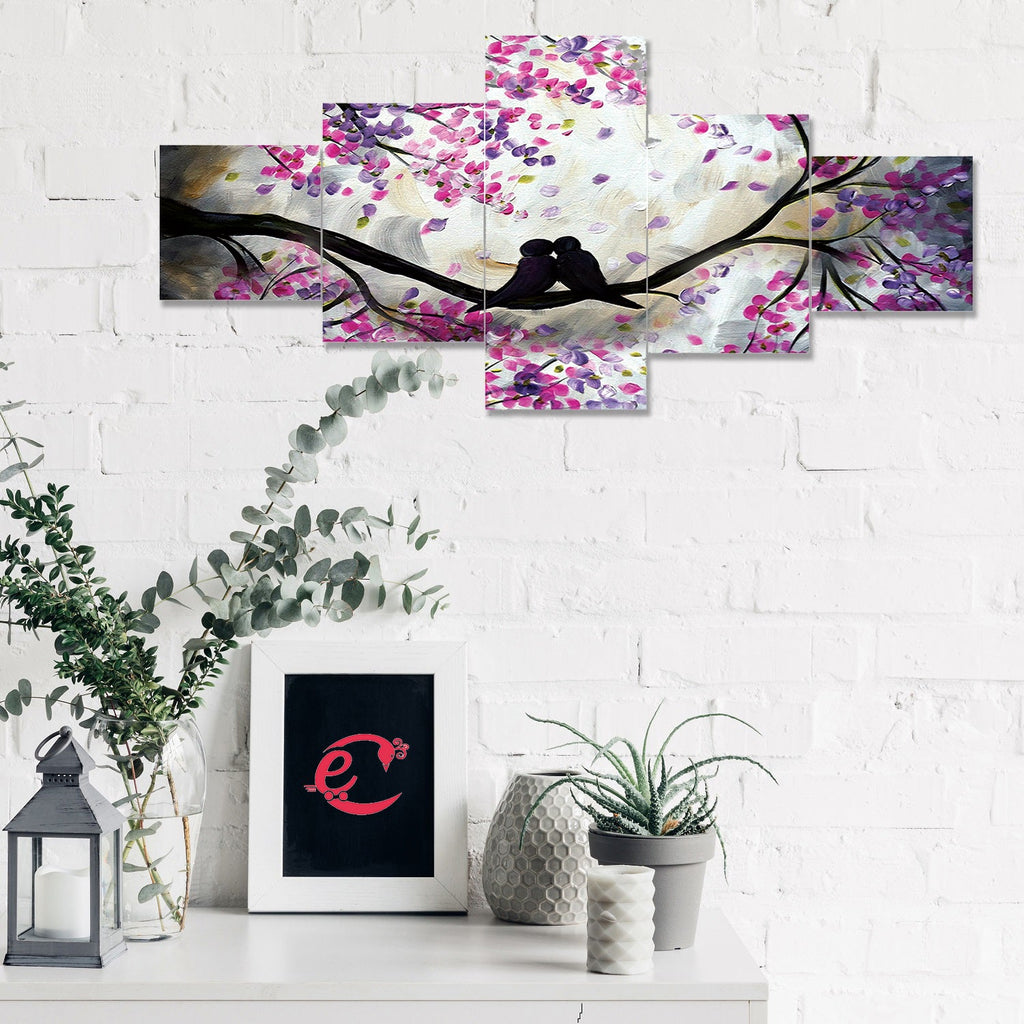 Set of 5 Kissing Love Birds on Tree Branch Premium Sunboard Panels Painting Kafalo