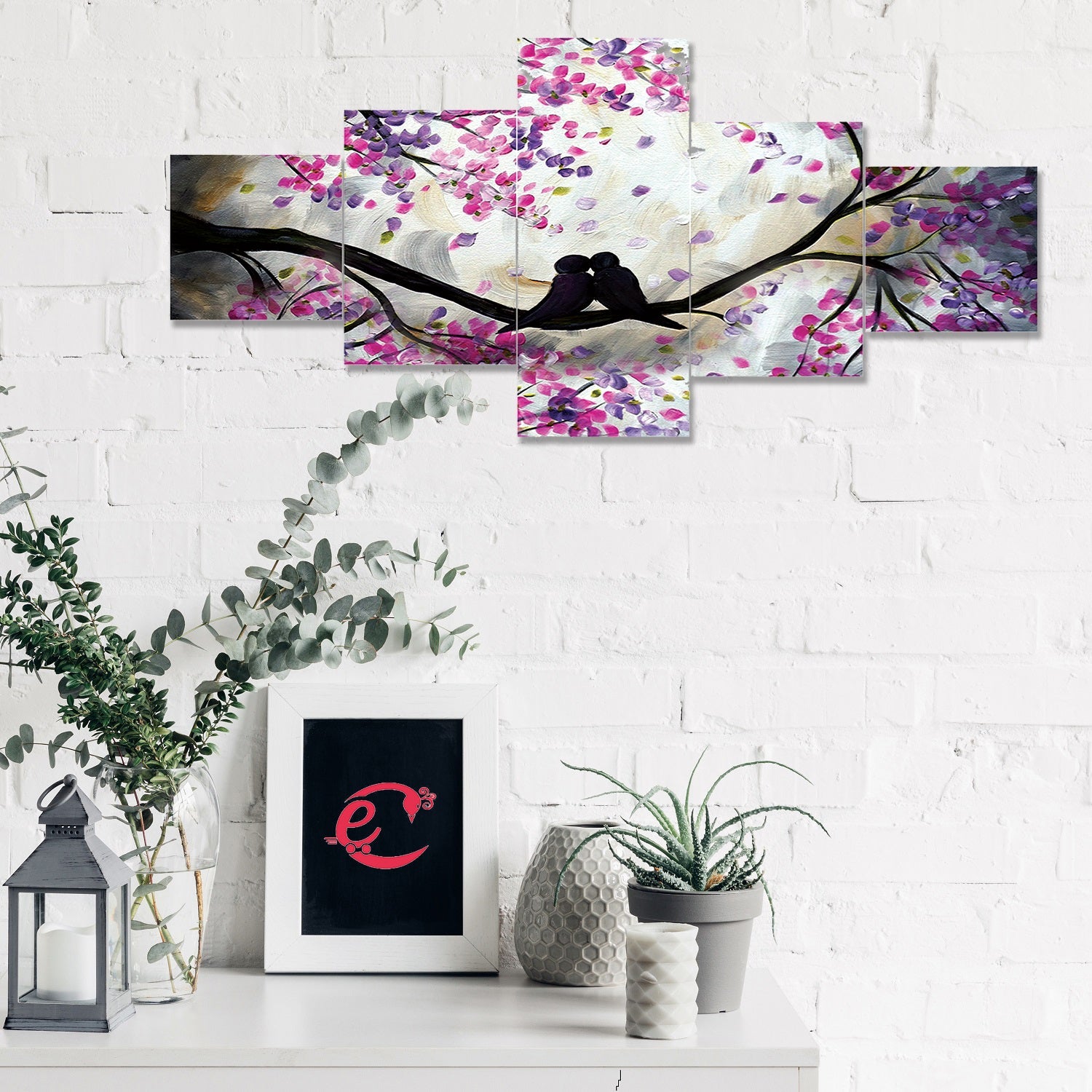 Set of 5 Kissing Love Birds on Tree Branch Premium Sunboard Panels Painting Kafalo