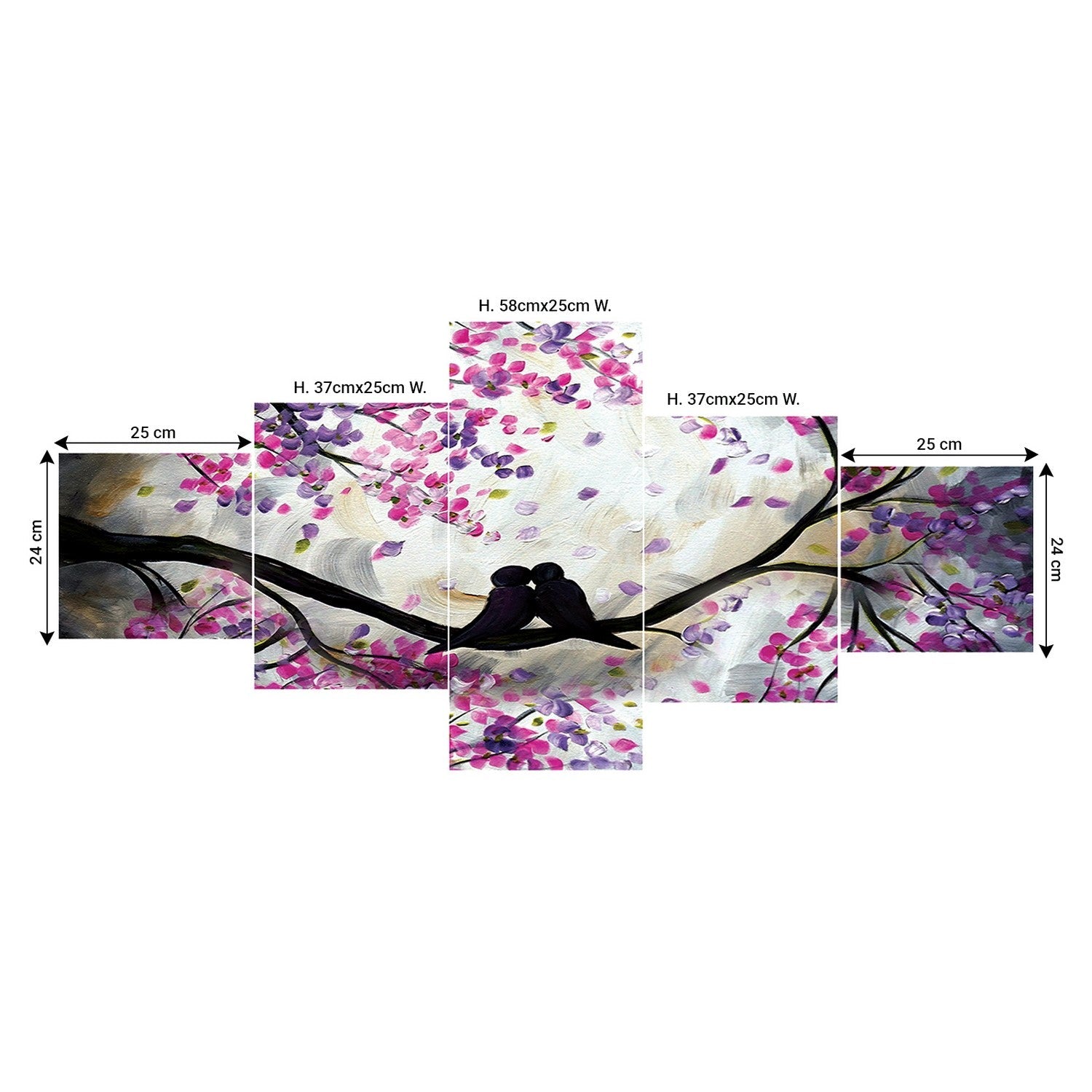 Set of 5 Kissing Love Birds on Tree Branch Premium Sunboard Panels Painting Kafalo