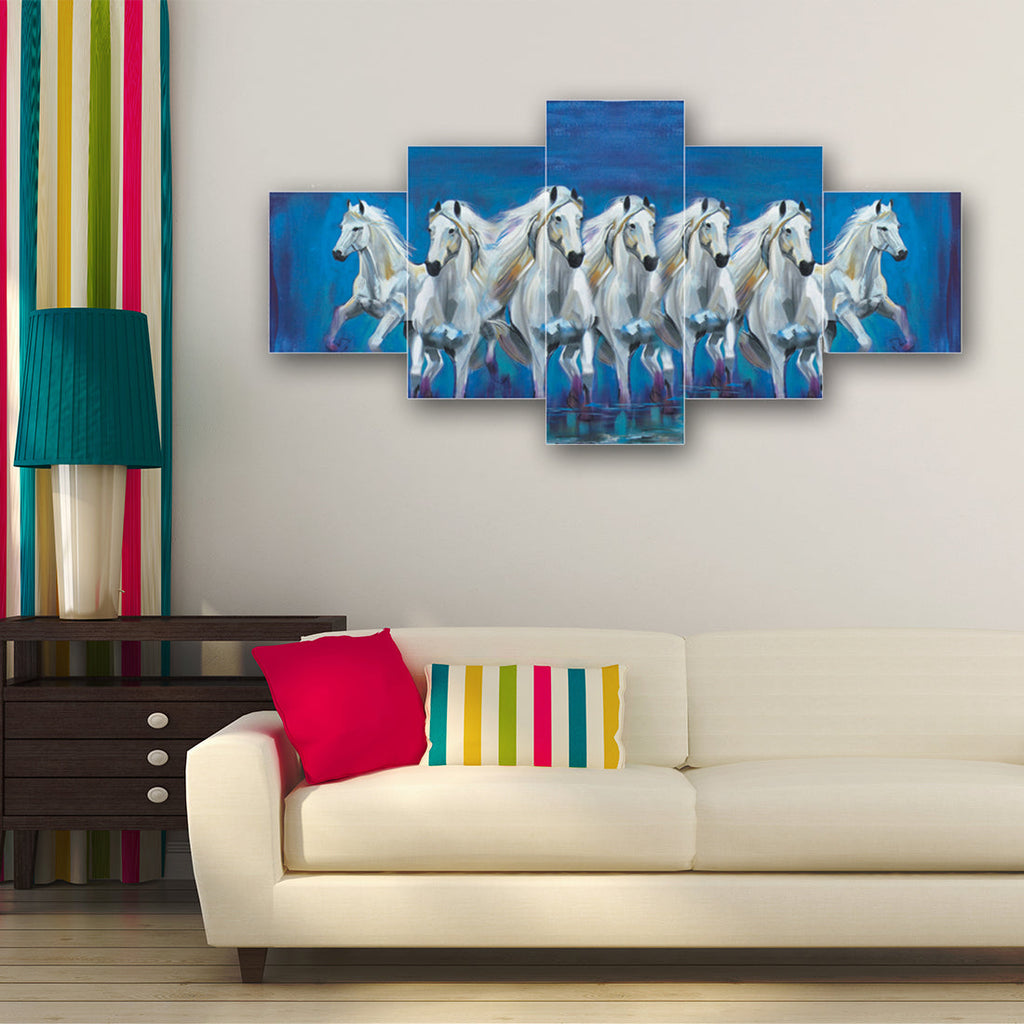 Set of 5 Running Lucky Horses Design Premium Canvas Painting Kafalo