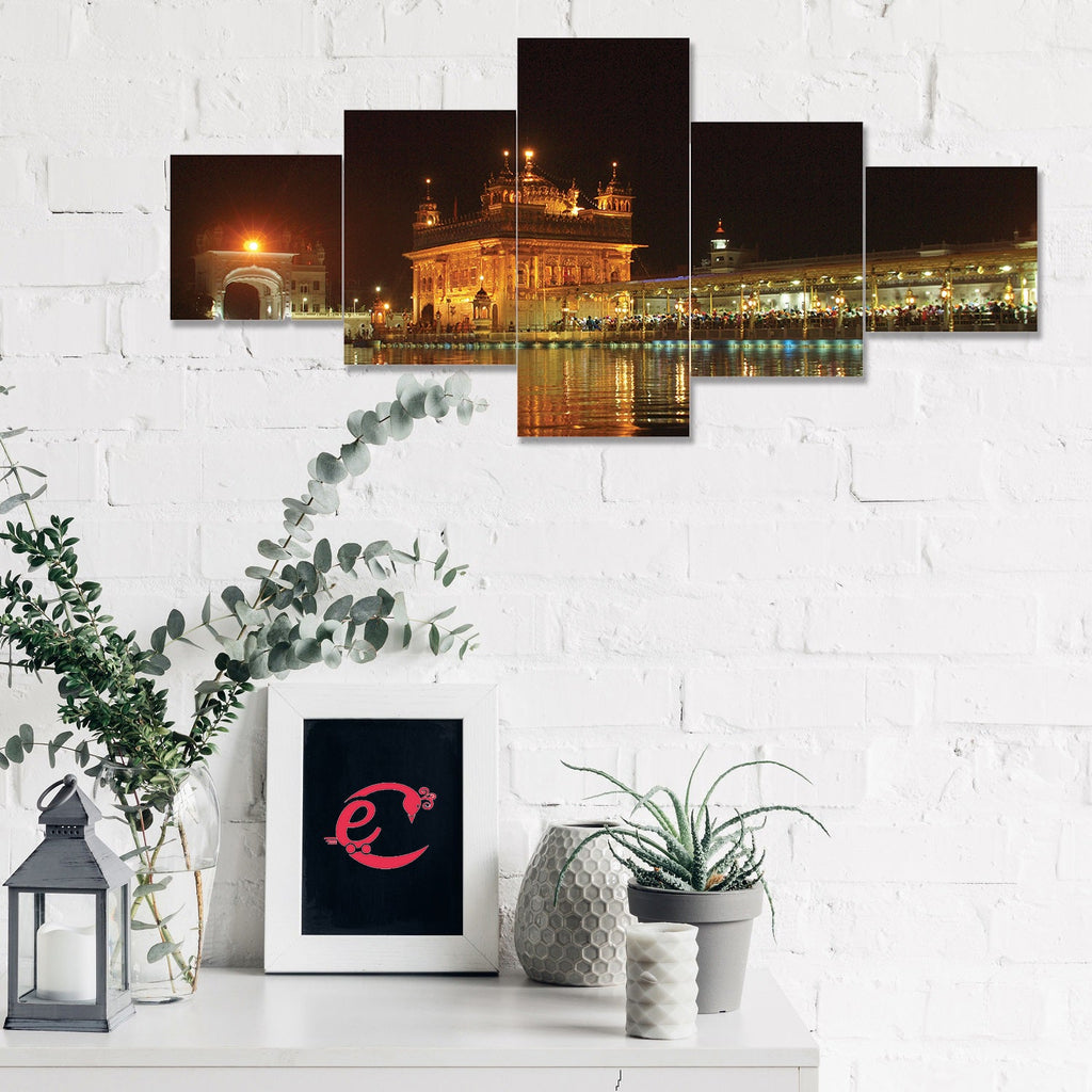 Set of 5 Golden Temple Night View Premium Sunboard Panels Painting Kafalo