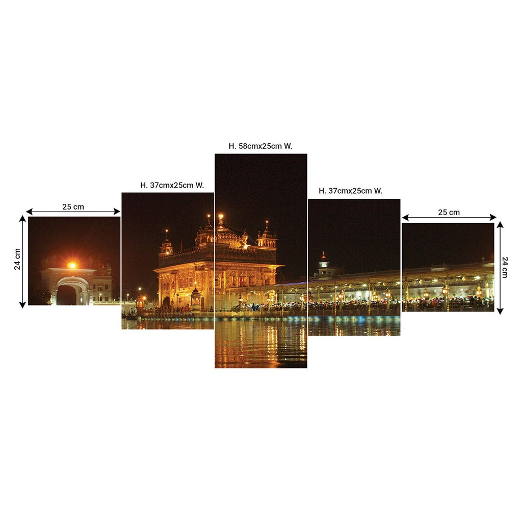 Set of 5 Golden Temple Night View Premium Sunboard Panels Painting Kafalo