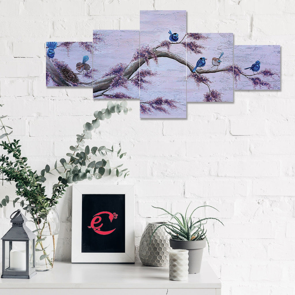 Set of 5 Birds Sitting on Tree Premium Sunboard Panels Painting Kafalo