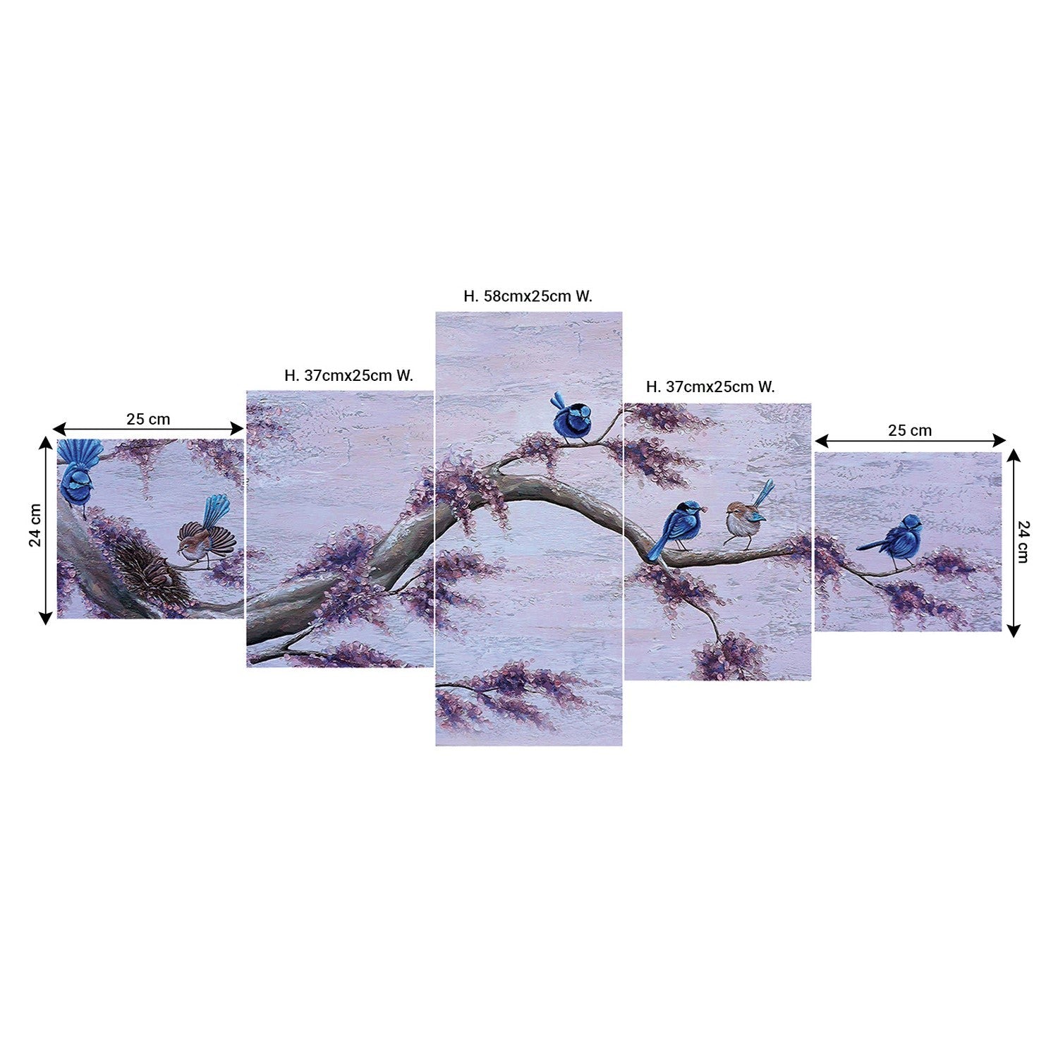 Set of 5 Birds Sitting on Tree Premium Sunboard Panels Painting Kafalo