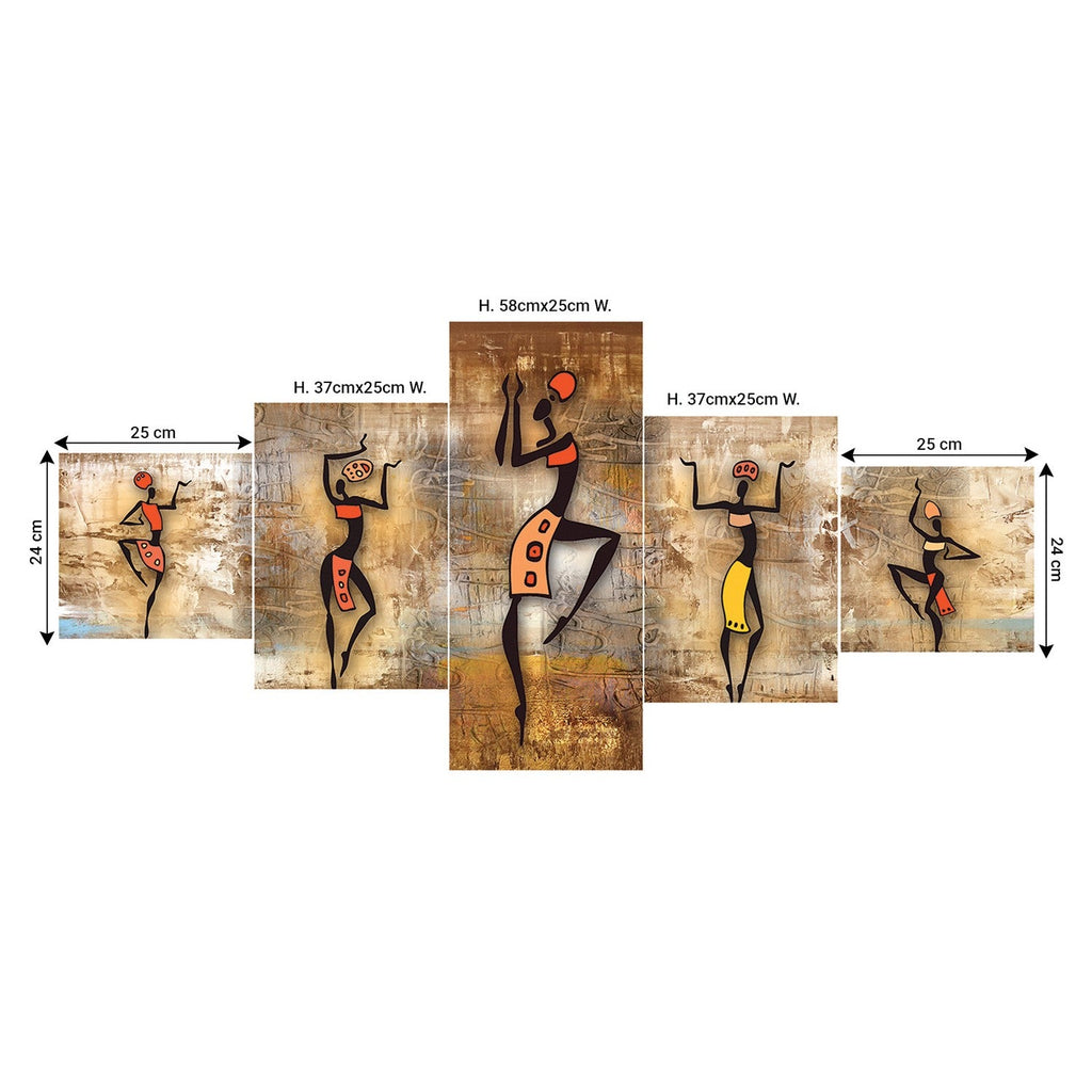 Set of 5 Dancing Tribals Premium Sunboard Panels Painting Kafalo