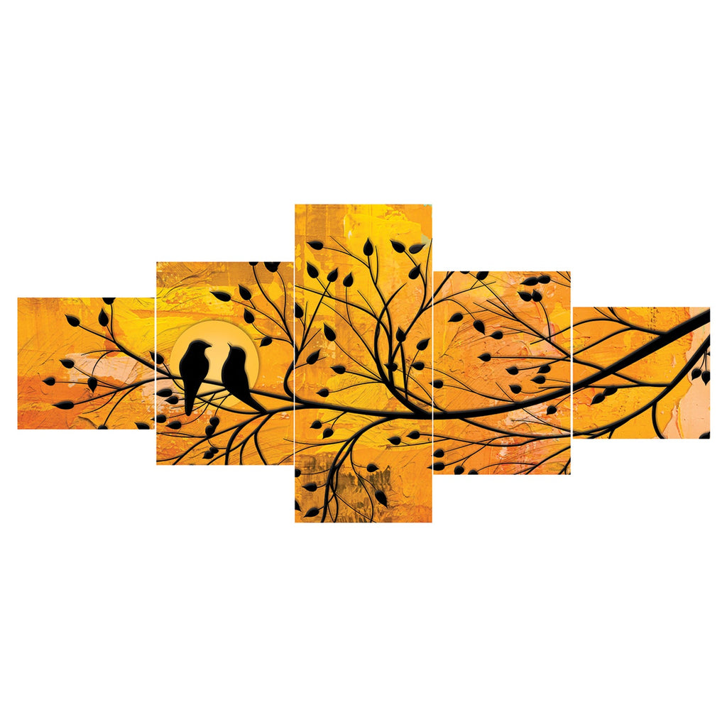 Set of 5 Birds Couple Sitting on Tree Branch Premium Sunboard Panels Painting Kafalo
