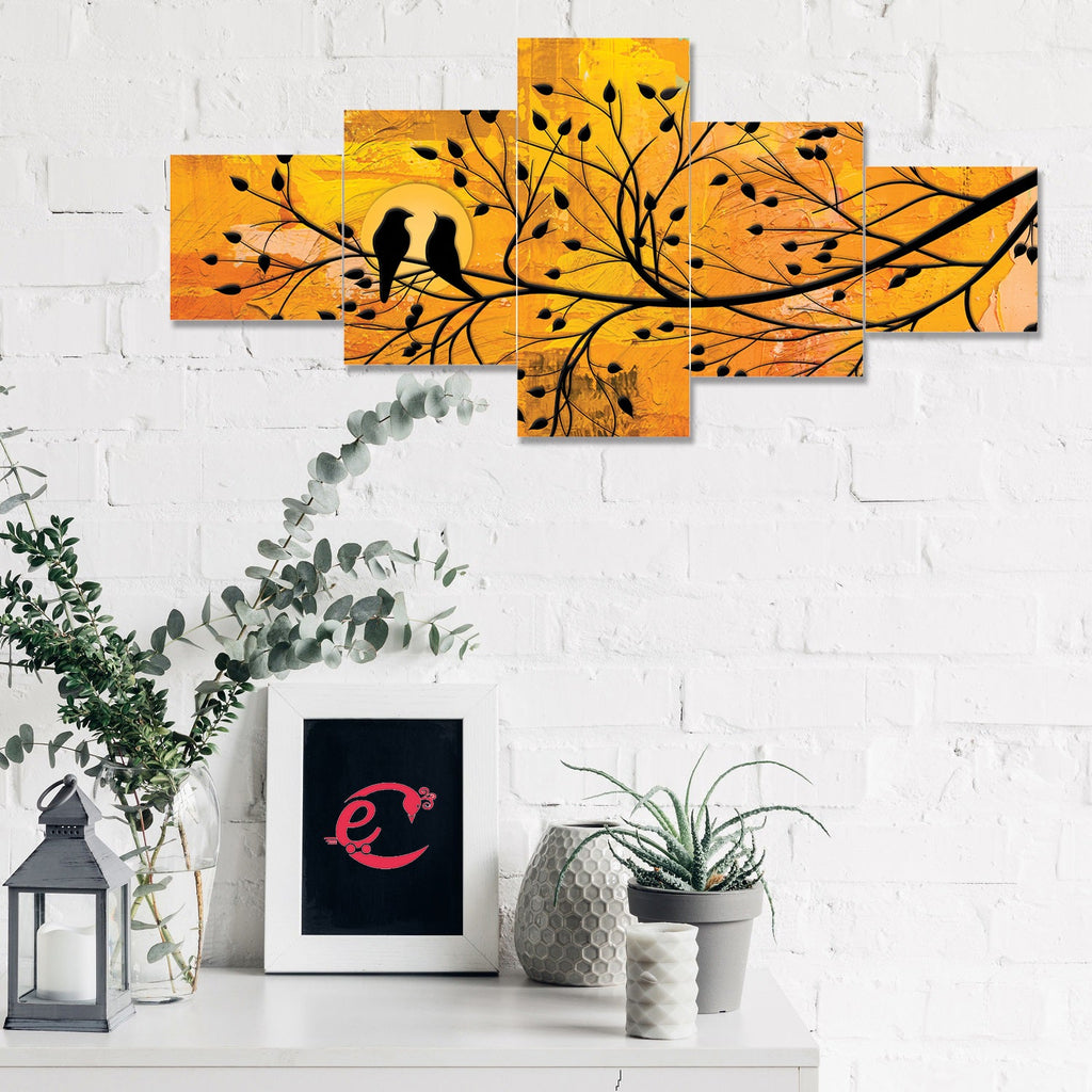 Set of 5 Birds Couple Sitting on Tree Branch Premium Sunboard Panels Painting Kafalo