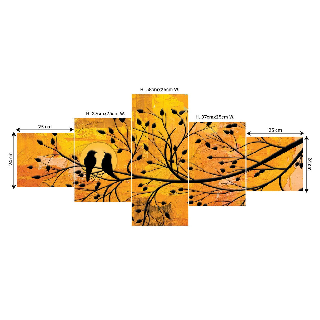 Set of 5 Birds Couple Sitting on Tree Branch Premium Sunboard Panels Painting Kafalo