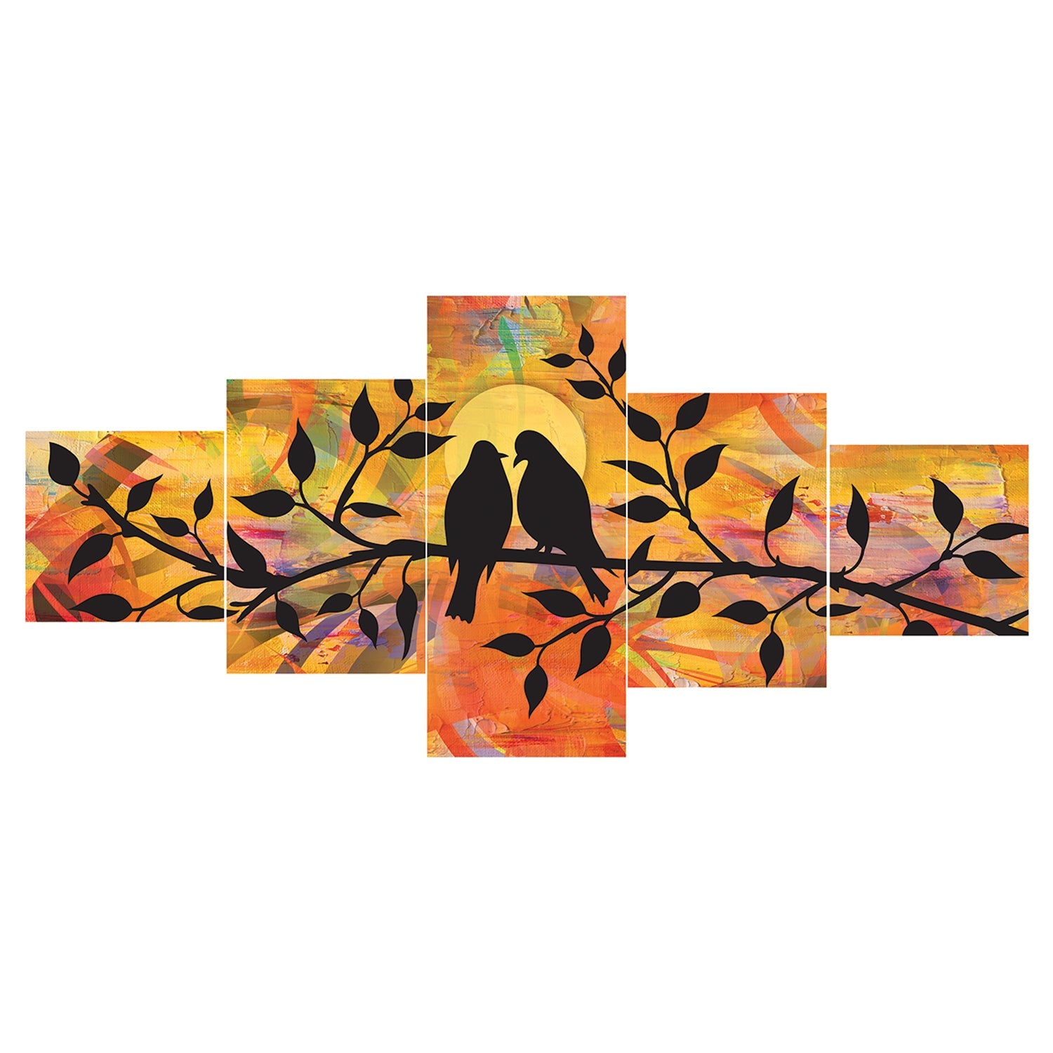 Set of 5 Birds Couple Sitting on Tree Branch Premium Sunboard Panels Painting Kafalo