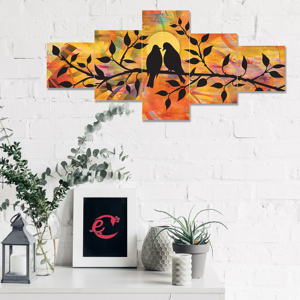 Set of 5 Birds Couple Sitting on Tree Branch Premium Sunboard Panels Painting Kafalo