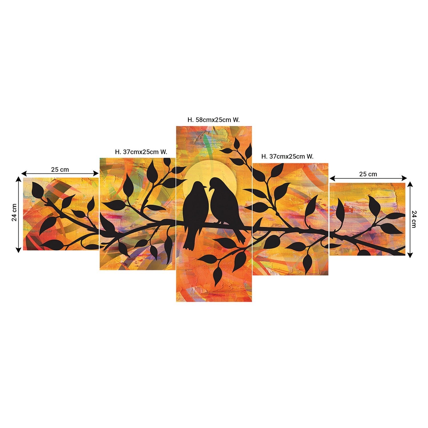 Set of 5 Birds Couple Sitting on Tree Branch Premium Sunboard Panels Painting Kafalo