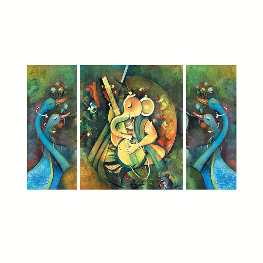 Set of 3 Lord Ganesha Playing Guitar Premium Canvas Painting Kafalo