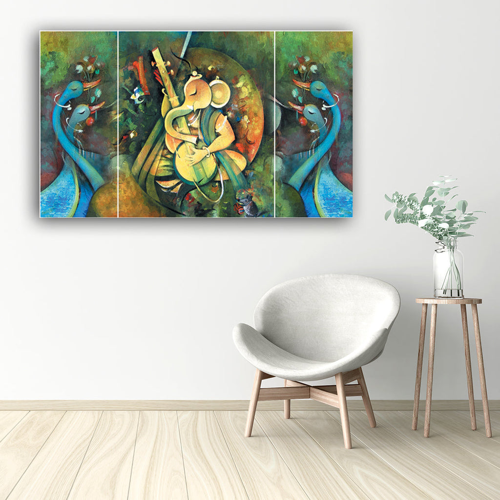 Set of 3 Lord Ganesha Playing Guitar Premium Canvas Painting Kafalo