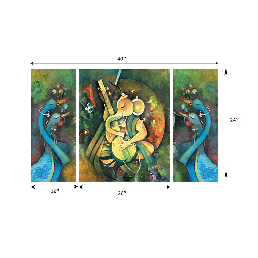 Set of 3 Lord Ganesha Playing Guitar Premium Canvas Painting Kafalo