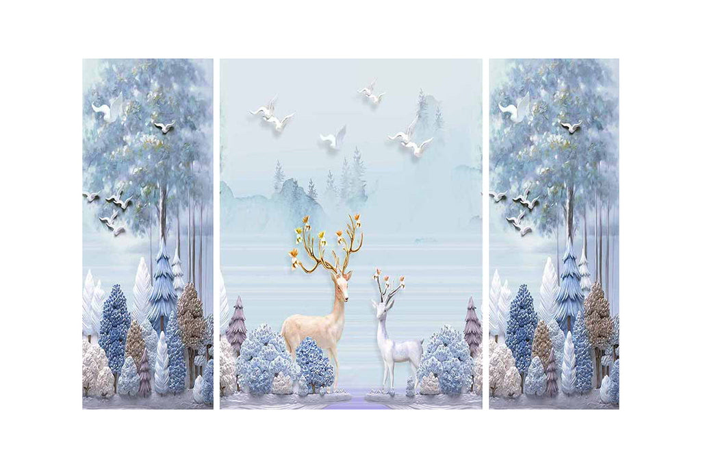 Set of 3 Colorful Jungle View having Deer Premium Canvas Sunboard Painting Kafalo
