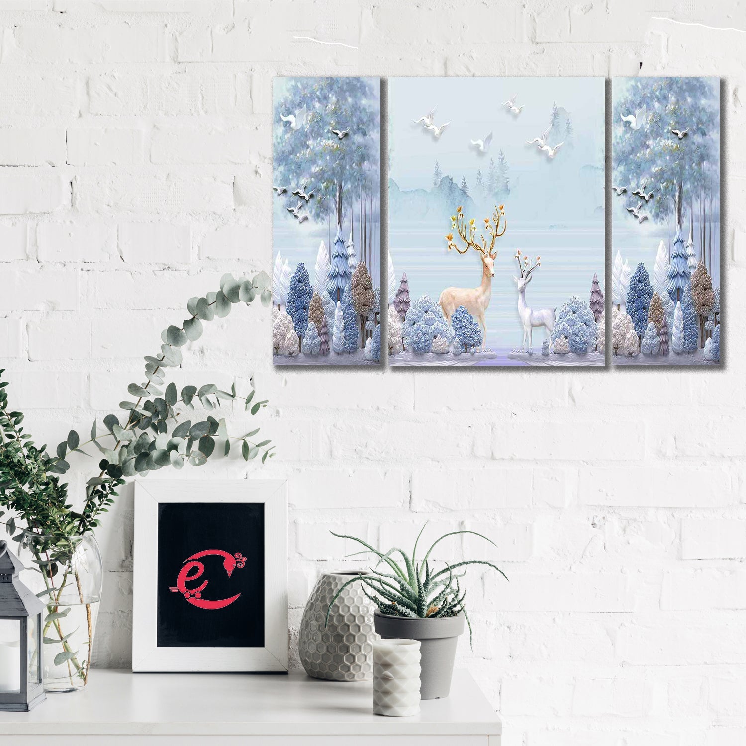 Set of 3 Colorful Jungle View having Deer Premium Canvas Sunboard Painting Kafalo