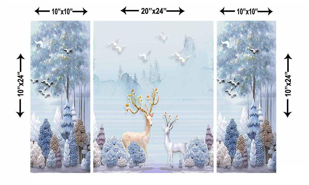 Set of 3 Colorful Jungle View having Deer Premium Canvas Sunboard Painting Kafalo