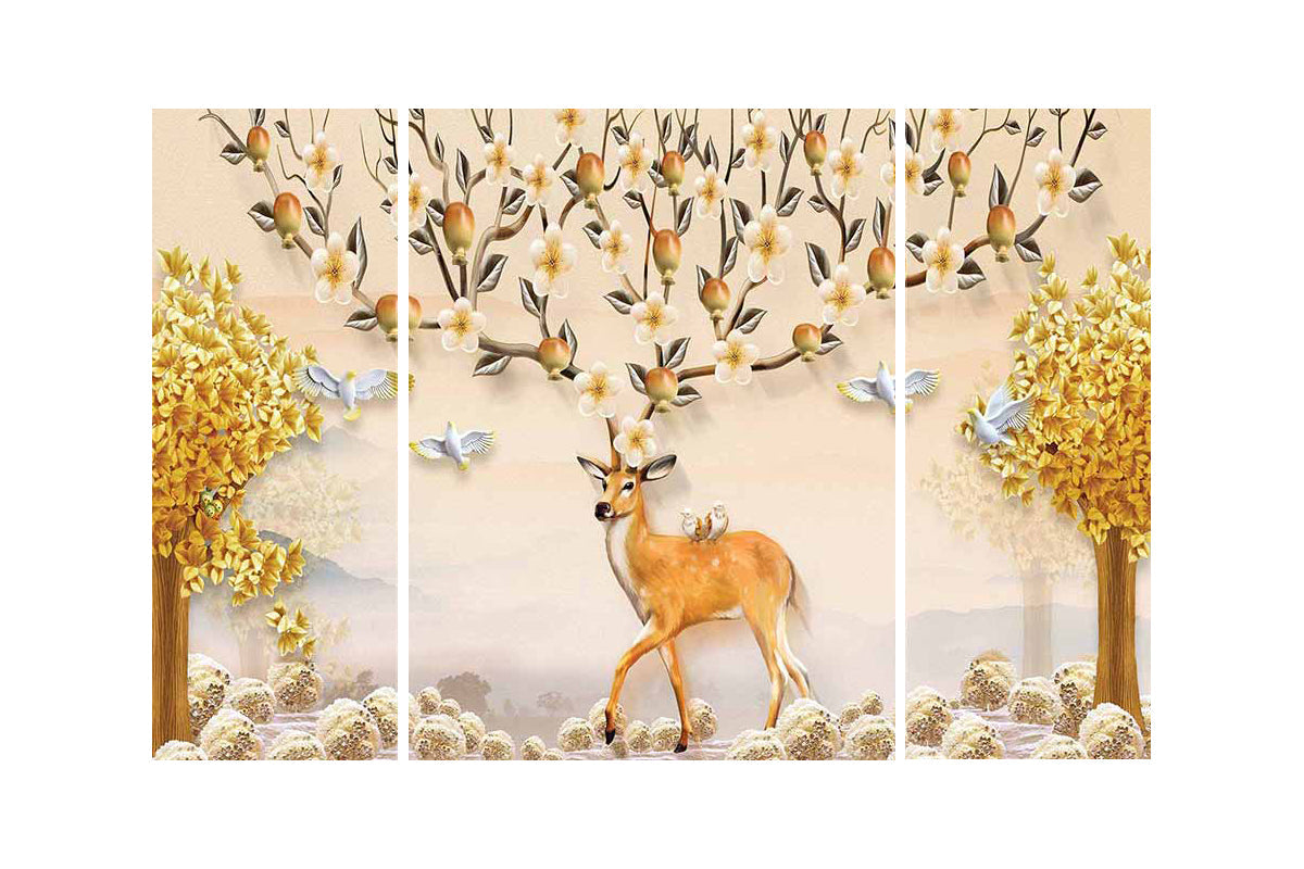 Set of 3 Colorful Jungle View having Deer Premium Canvas Sunboard Painting Kafalo