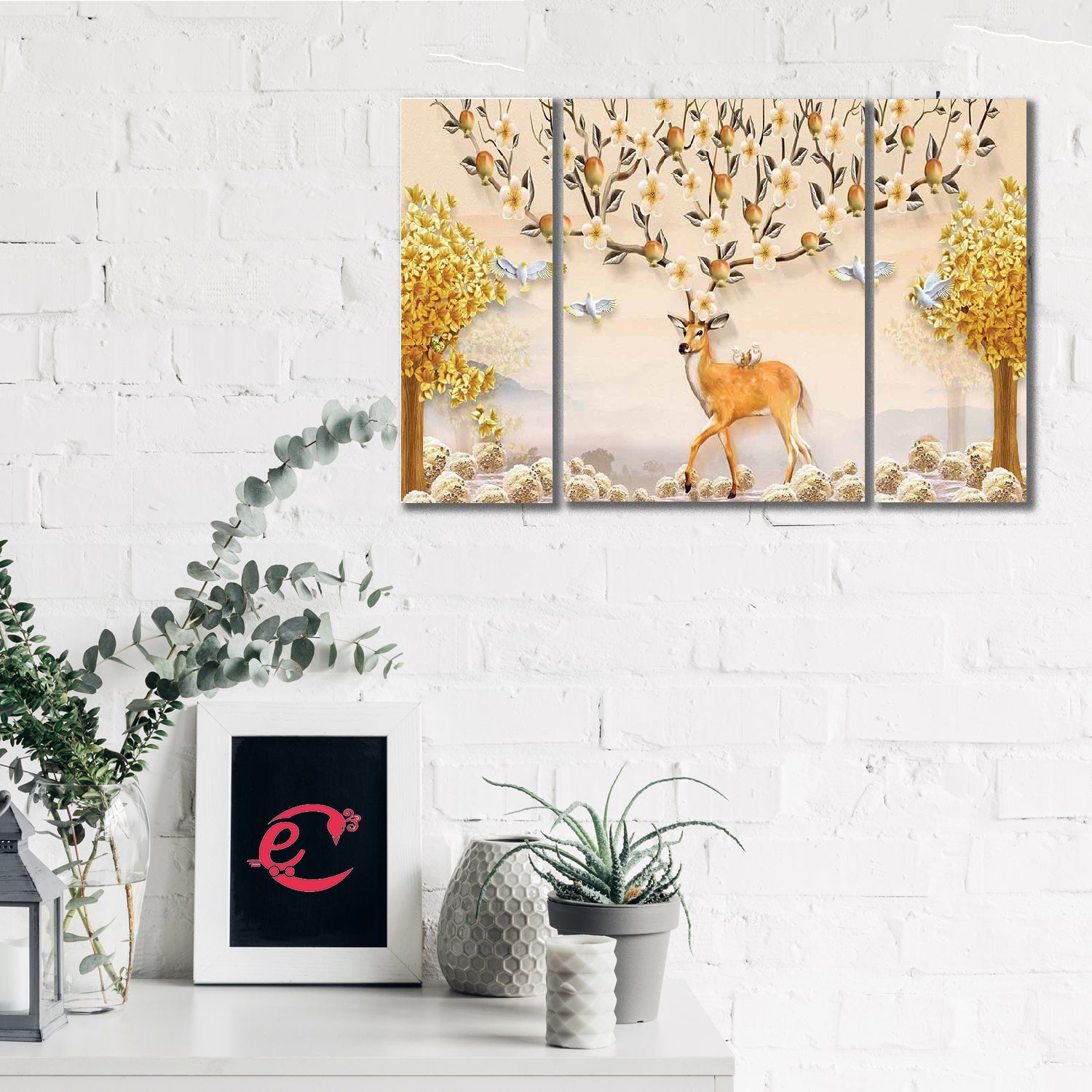 Set of 3 Colorful Jungle View having Deer Premium Canvas Sunboard Painting Kafalo