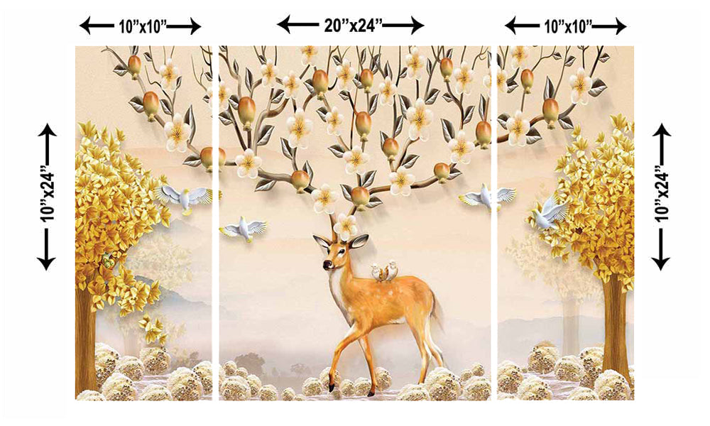 Set of 3 Colorful Jungle View having Deer Premium Canvas Sunboard Painting Kafalo