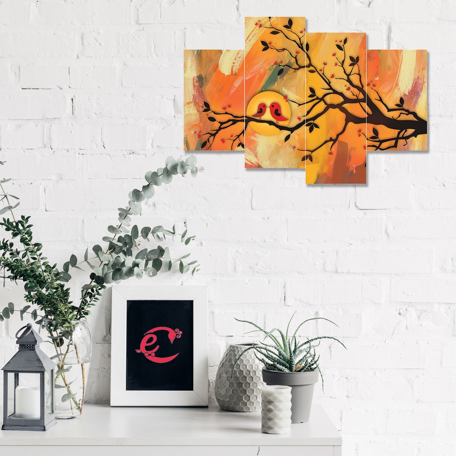 Set of 4 Kissing Birds on Tree Branch Premium Sunboard Panels Painting Kafalo
