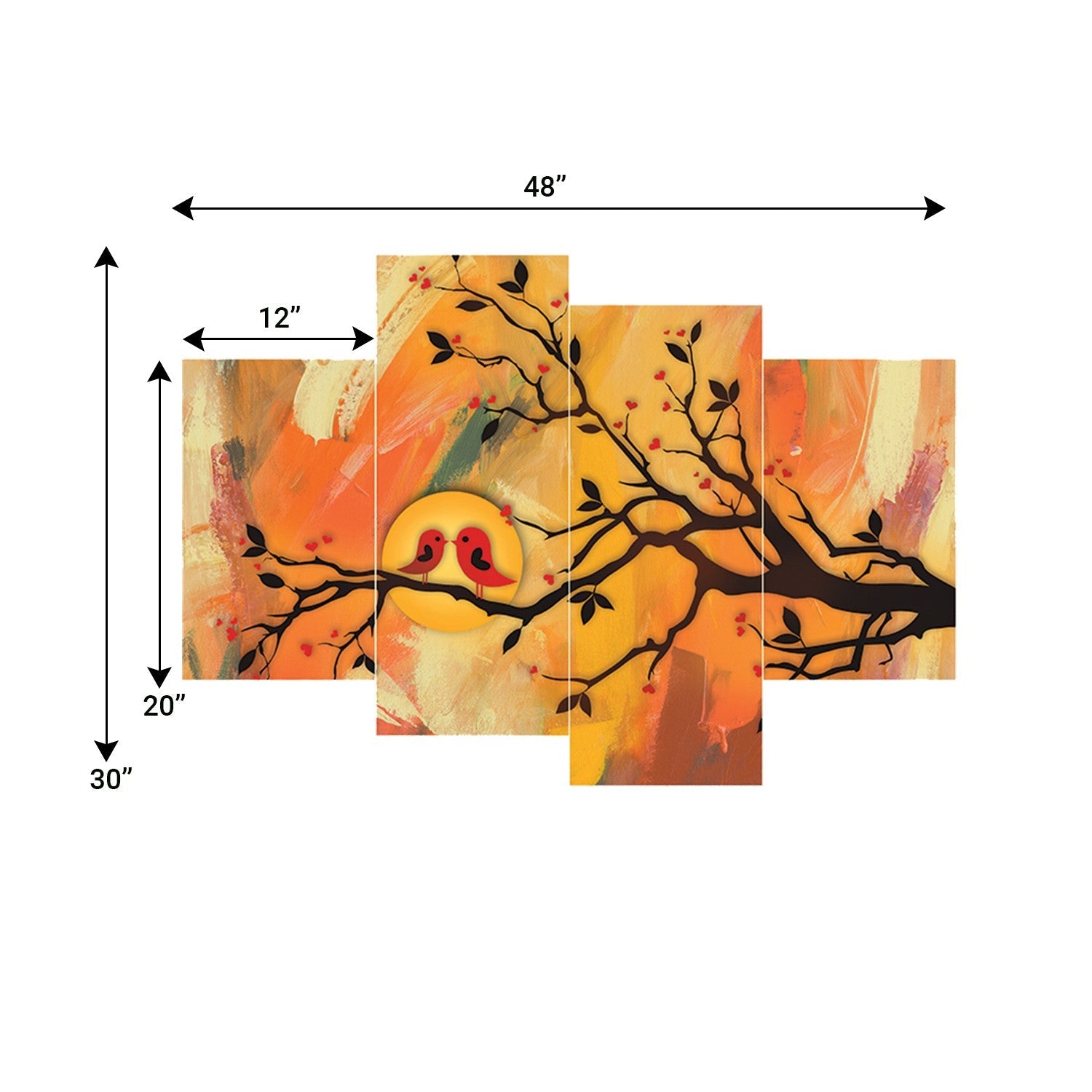 Set of 4 Kissing Birds on Tree Branch Premium Sunboard Panels Painting Kafalo