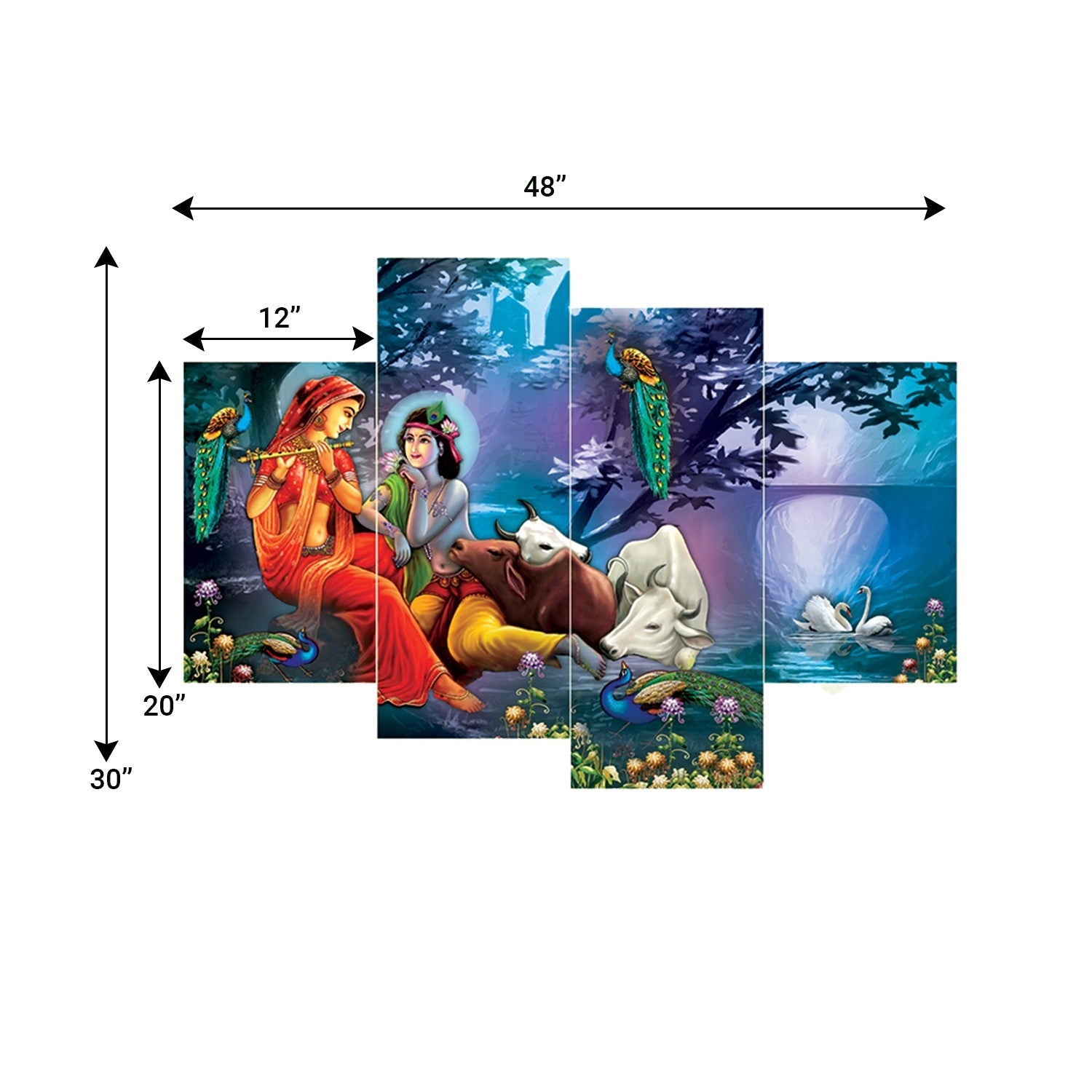Set of 4 Radha Playing Bansuri with Krishna Premium Sunboard Panels Painting Kafalo