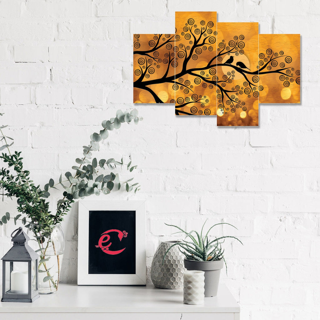 Set of 4 Birds Couple Sitting on Tree Branch Premium Sunboard Panels Painting Kafalo