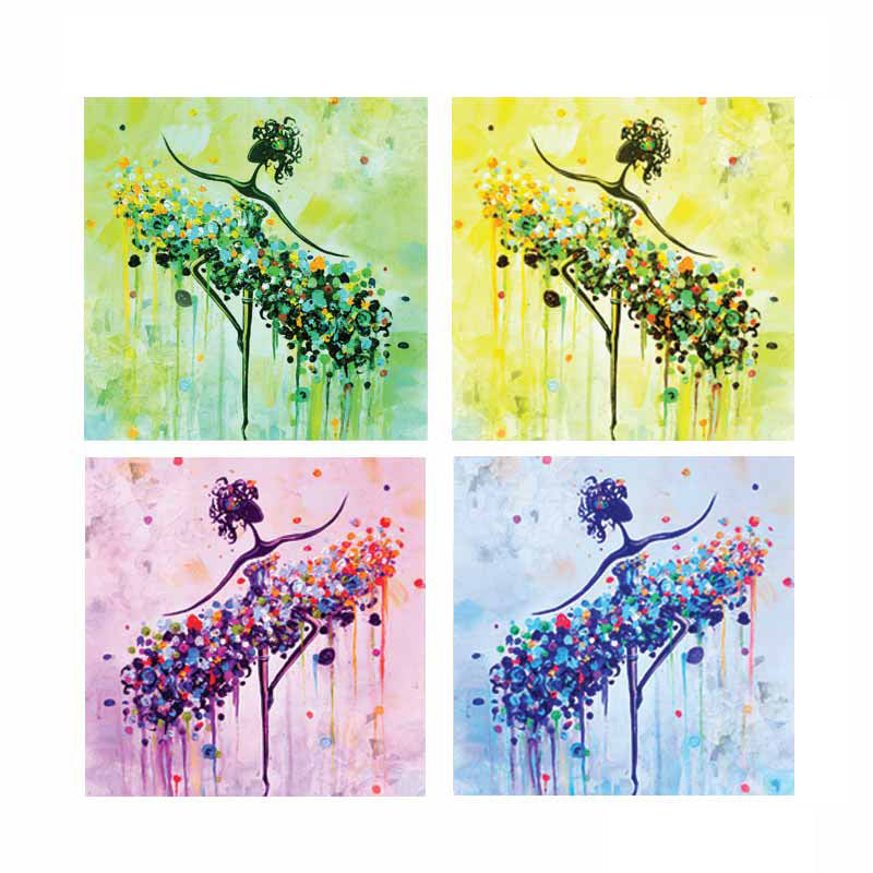 Set of 4 Dancing Girl with Floral Skirt Premium Canvas Sunboard Painting Kafalo