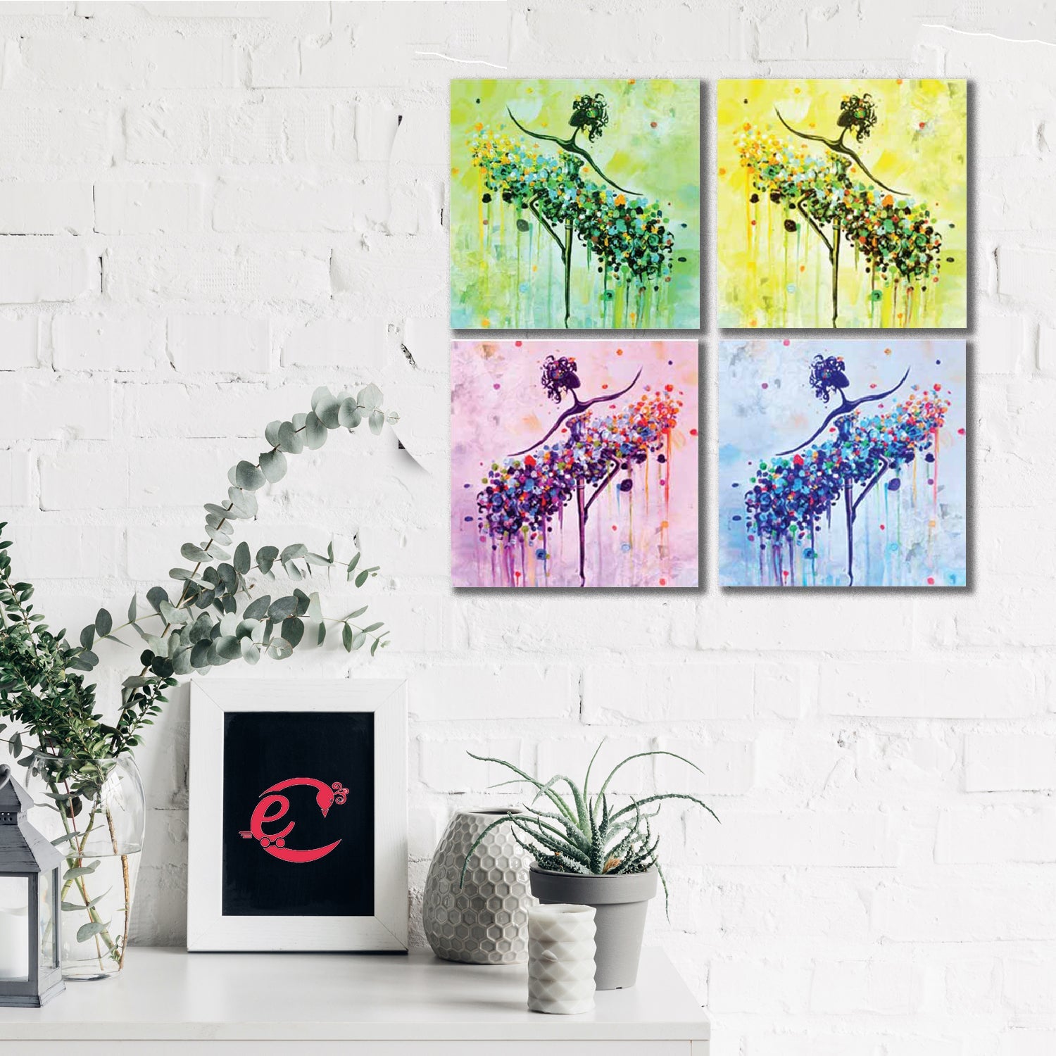 Set of 4 Dancing Girl with Floral Skirt Premium Canvas Sunboard Painting Kafalo