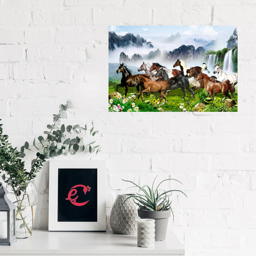 7 Lucky Running Horses Design Self Adhesive Sparkle Coated Painting without frame Kafalo