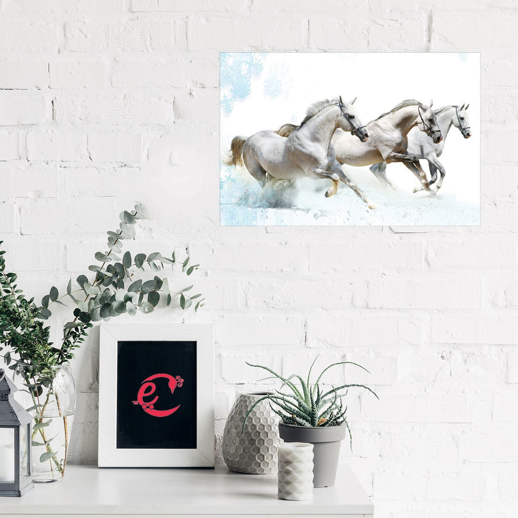 3 Running White Horses Design Self Adhesive Sparkle Coated Painting without frame Kafalo