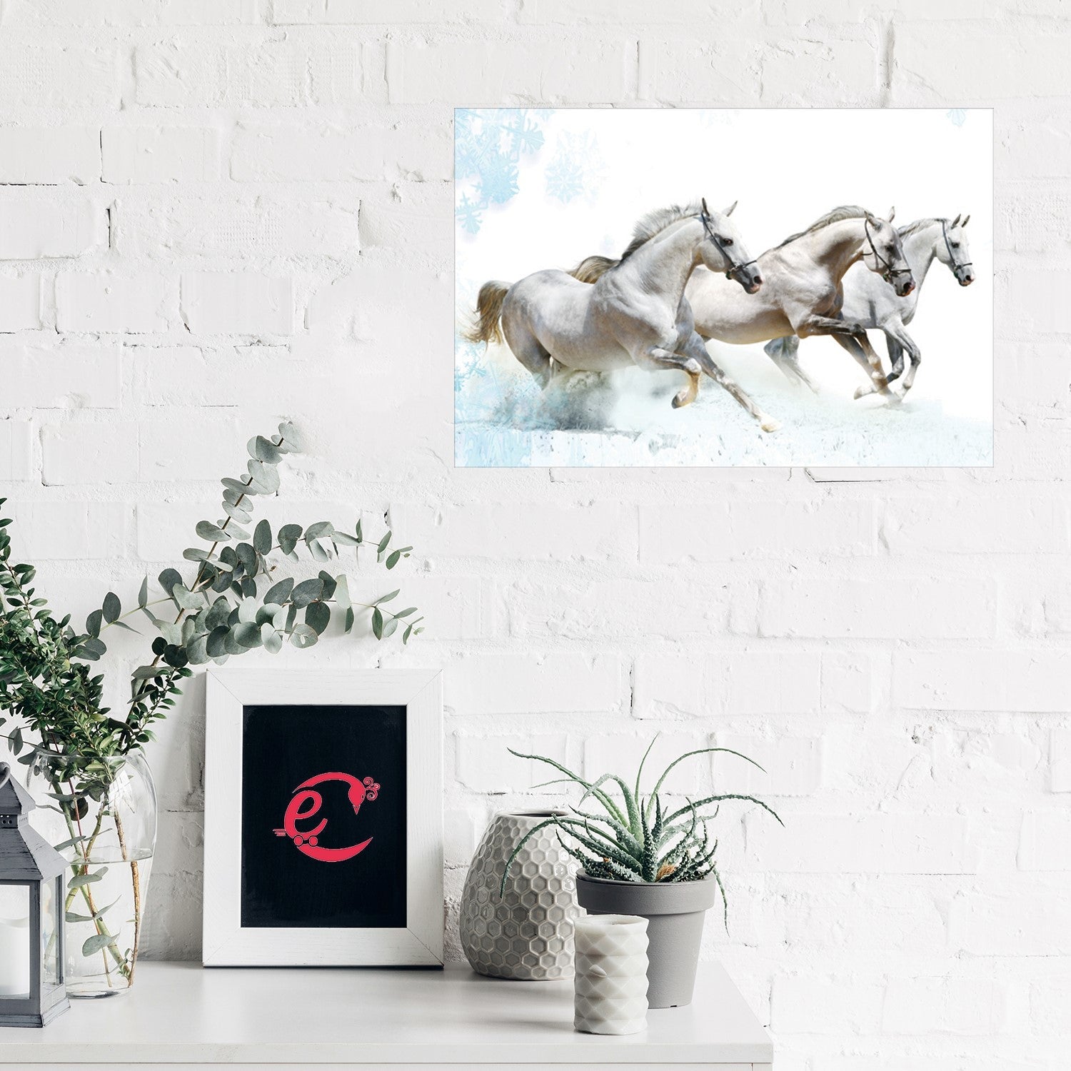 3 Running White Horses Design Self Adhesive Sparkle Coated Painting without frame Kafalo