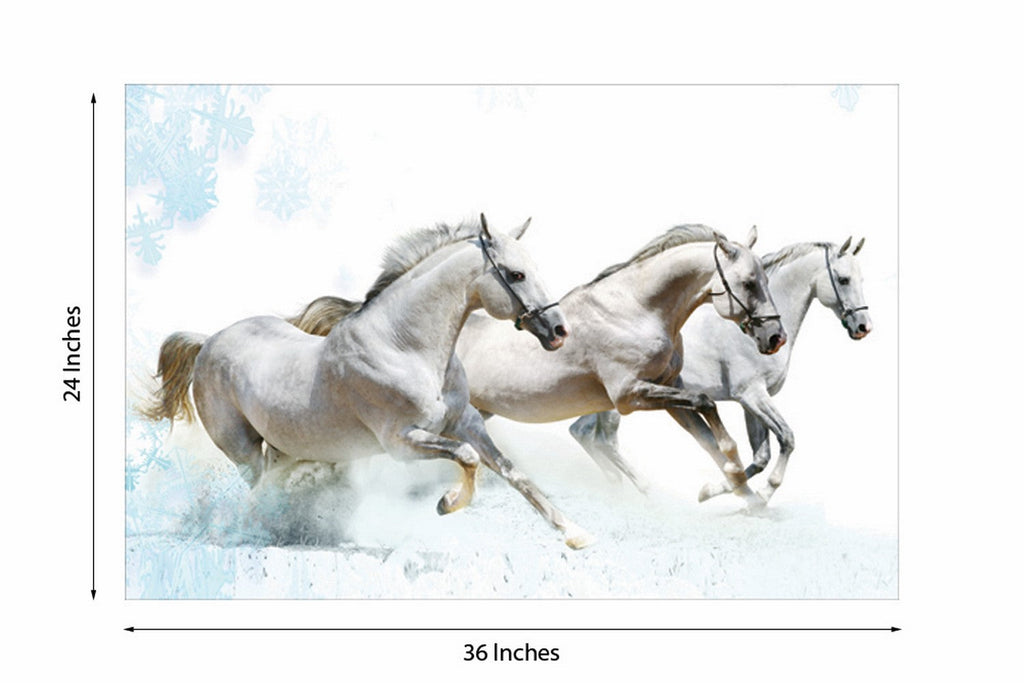 3 Running White Horses Design Self Adhesive Sparkle Coated Painting without frame Kafalo
