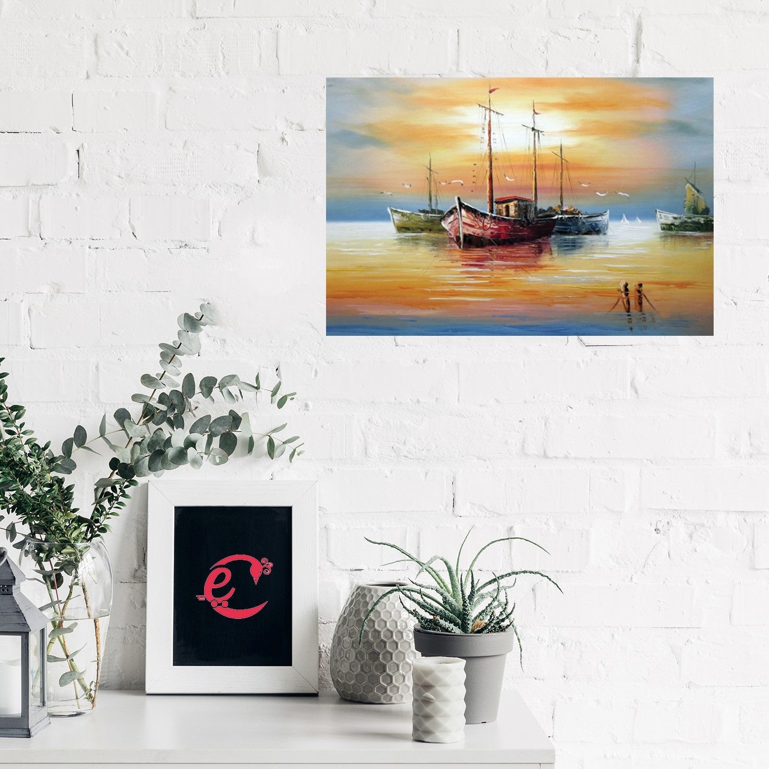 Beautiful Boats Design Self Adhesive Sparkle Coated Painting without frame Kafalo