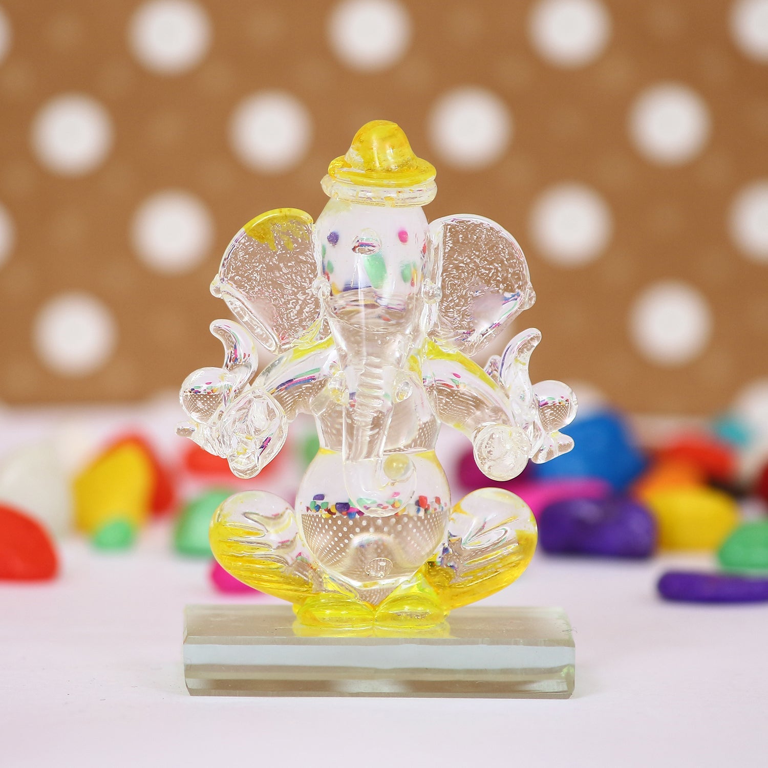 Yellow Transparent Double Sided Crystal Ganesha Idol For Home, Office and Car Dashboard Kafalo