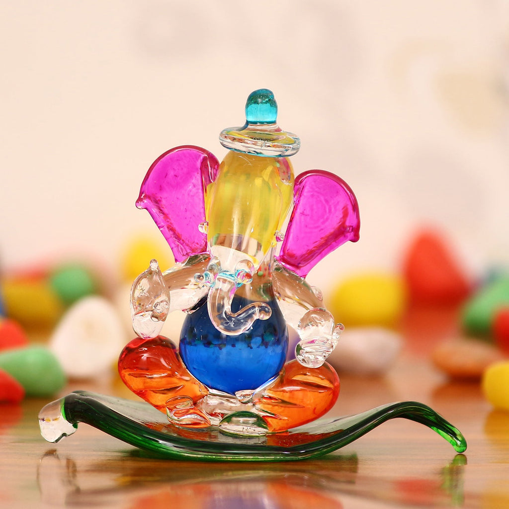 Multicolored and Transparent Double Sided Crystal Car Paan Ganesha Showpiece Kafalo