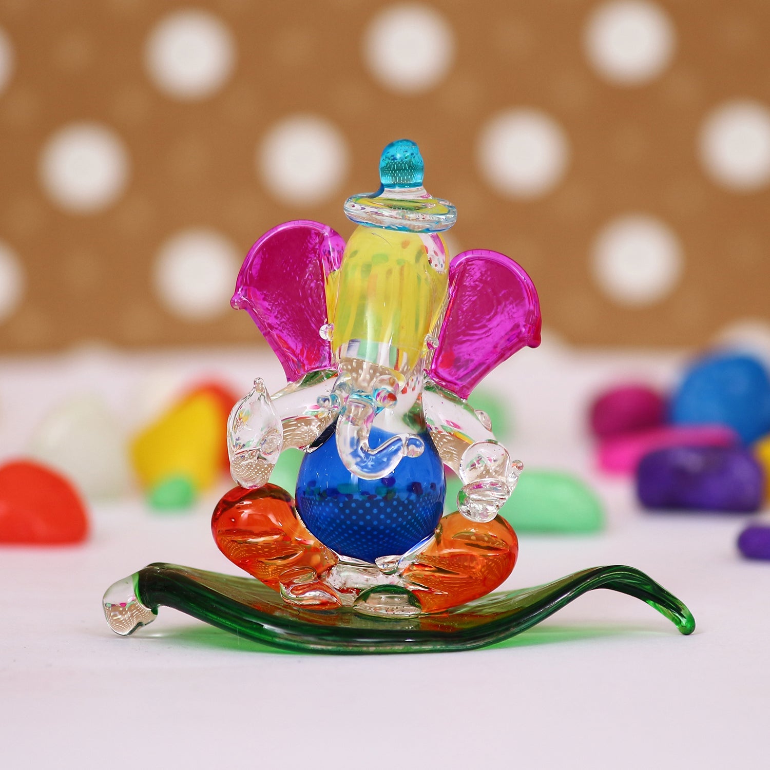Multicolored and Transparent Double Sided Crystal Car Paan Ganesha Showpiece Kafalo