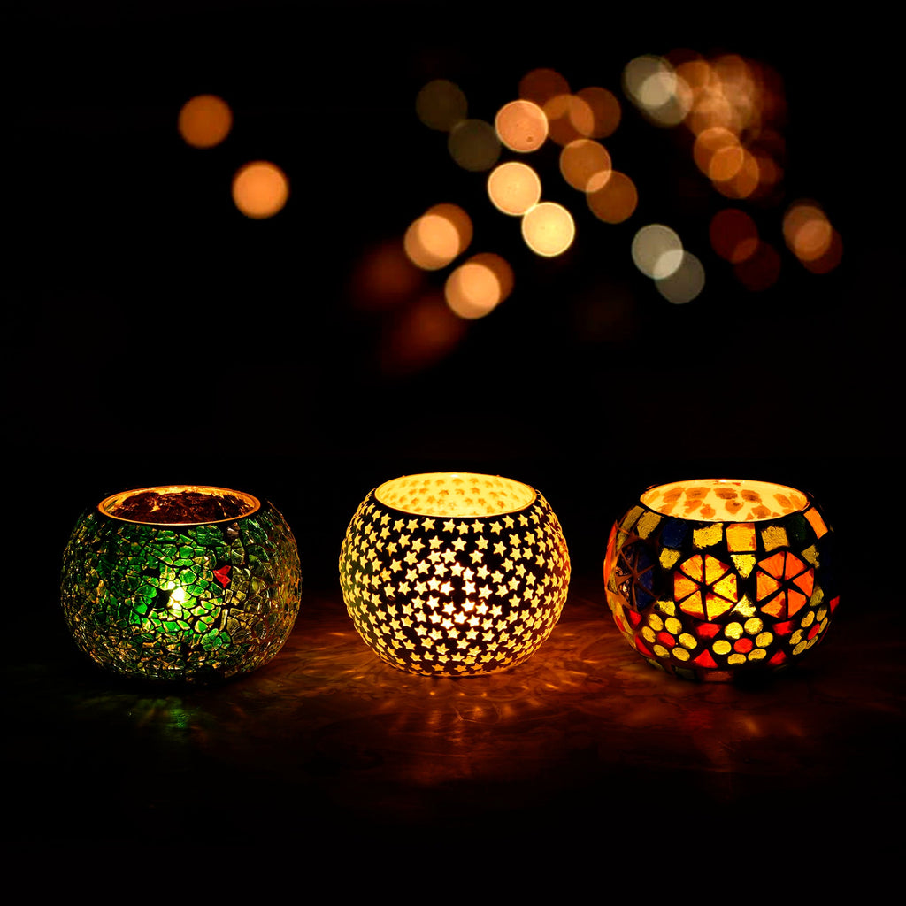 Mosaic Glass Decorative tea light candle holder/Diyas Set of 3 Kafalo
