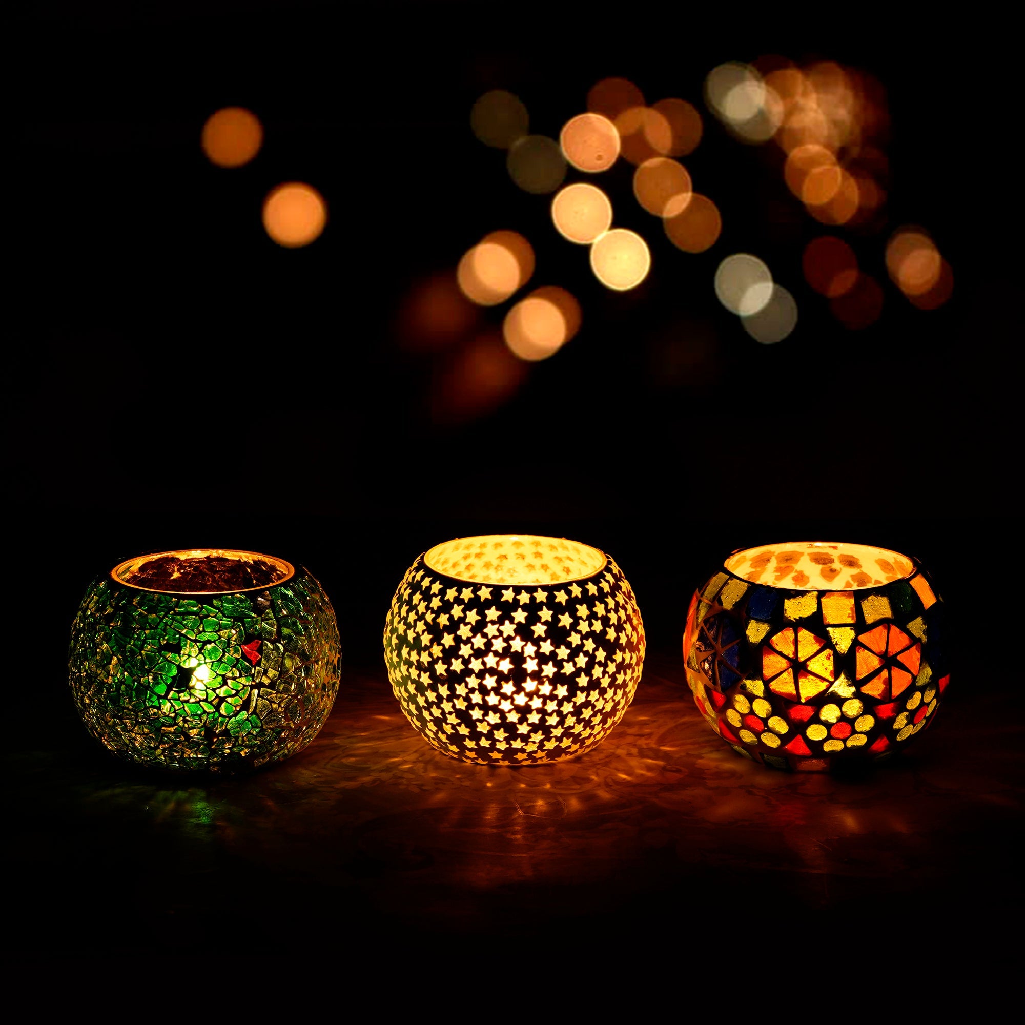 Mosaic Glass Decorative tea light candle holder/Diyas Set of 3 Kafalo
